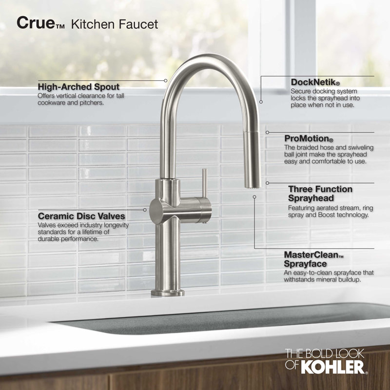 Kohler Crue Single Handle Pull Down Kitchen Faucet with Three-Function Pull Down Sprayer, Brass