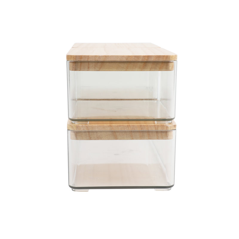 Clear Plastic Stackable Storage Boxes with Light Natural Paulownia Wood Lids, Set of 3