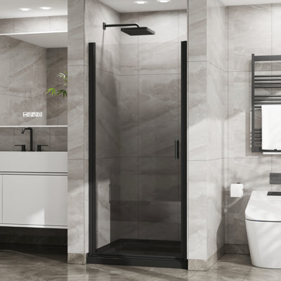 34"x72" Tempered Glass Pivot Door, Black Semi- Style, Waterproof Seals, Handle, 180 Revolving Pivot, 90 Door Water Block Finish Shower 1/4" Glass, Semi-, Sealing, Robust Zinc Alloy Resistance