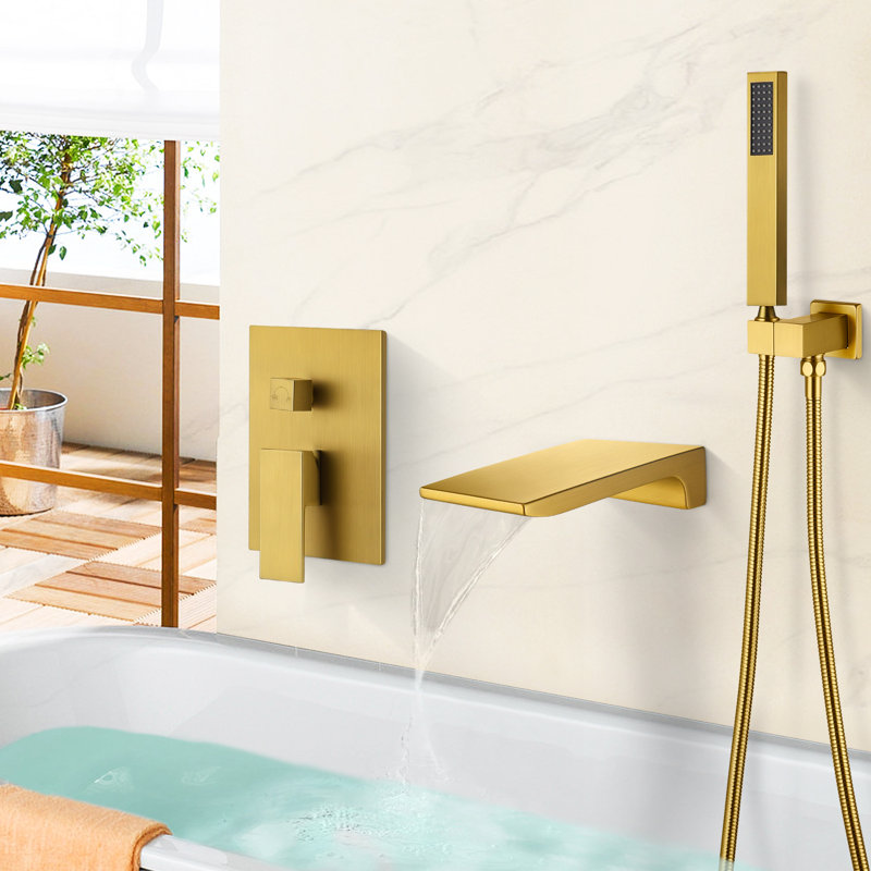 Waterfall Bathtub Faucets with Pressure Balance Valve, Wall Mounted Tub Spout with Handheld Spray, Brushed Gold