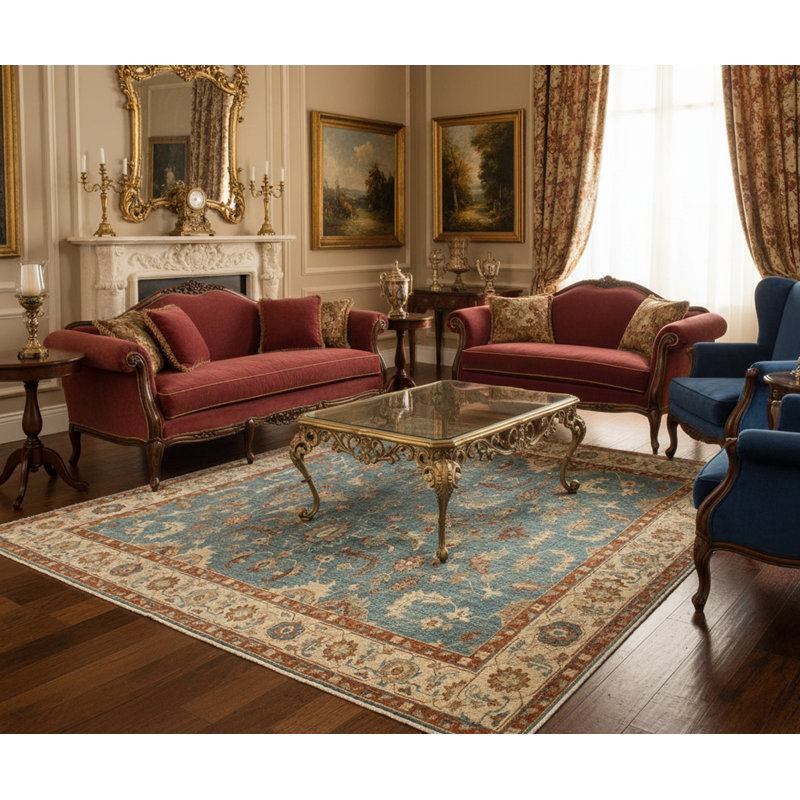 Tapis bleu et beige en laine noué à la main Oushak - motif floral traditionnel d'inspiration persane avec des détails de rouille pour le salon et la chambre à coucher