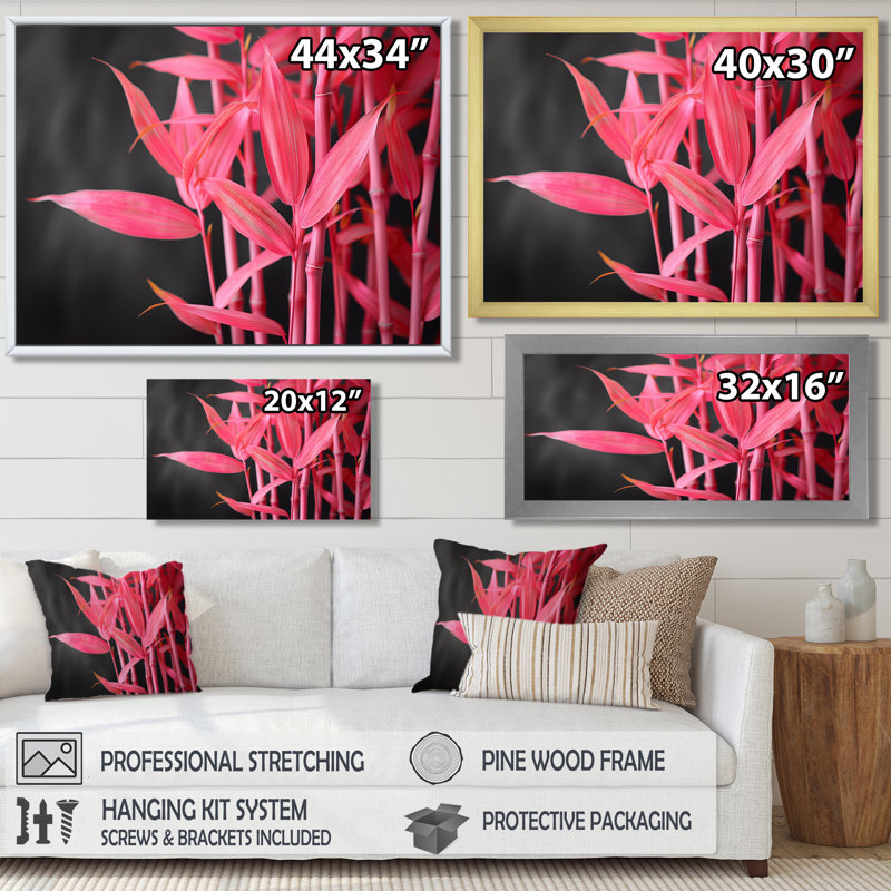 Rose rose, bambou jardin III - Art mural en bambou, Cadre flottant noir, H 12 po x l 20 po