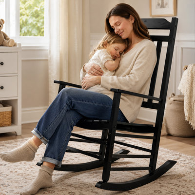 Kozyard Wooden Rocking Chair, Solid Wood Outdoor Rocker Chair with High Back & Slatted Seat, Ergonomic Porch Rocking Chair for Patio, Balcony, Garden, Indoor Outdoor Use, Black