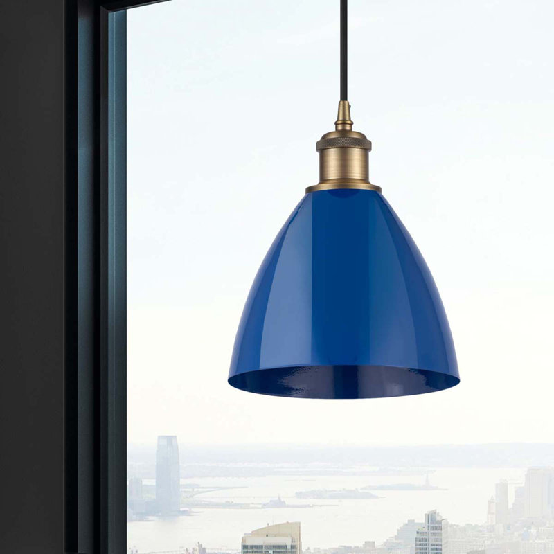Luminaire suspendu conique 1 lumière, Bleu, Laiton brossé
