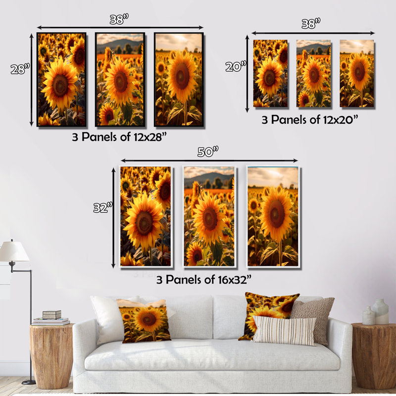 Tournesol doré au coucher du soleil - ensemble de 3 impressions, Toile tendue, H 40 po x l 60 po