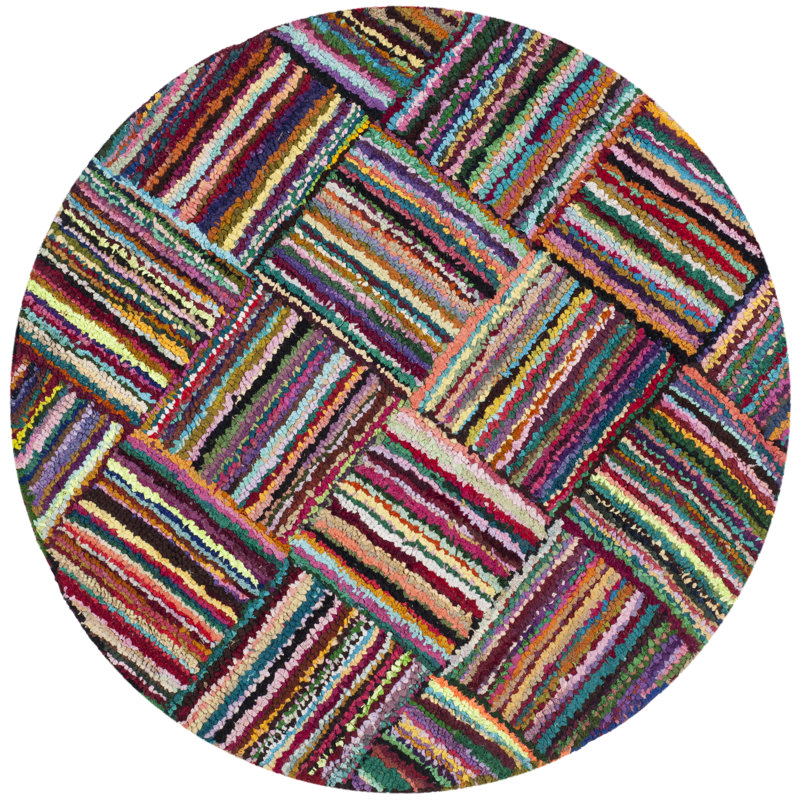 Tapis rouge / bleu en coton touffeté à la main Anaheim, Rond 4 pi
