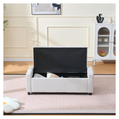 H & M 48'' Beige Faux Linen Upholstered Storage Bench with Arms, Bedroom Ottoman Bench for End of Bed, Living Room & Entryway