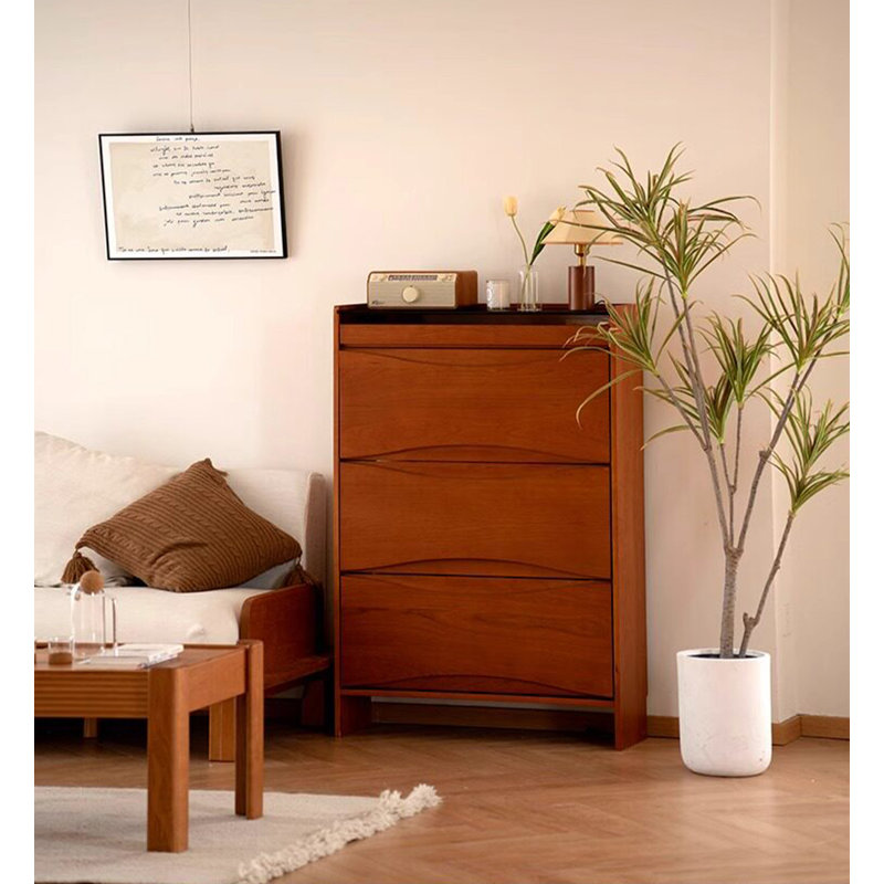 Mid-Century Modern 3-Door Shoe Cabinet, Tall Solid Wood Storage Unit