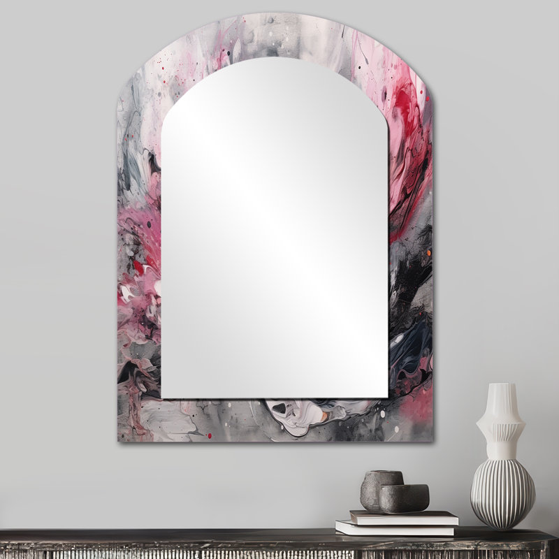 Évolution des formes en marbre rose I - grand miroir mural arqué sur métal, 34 po x 25 po