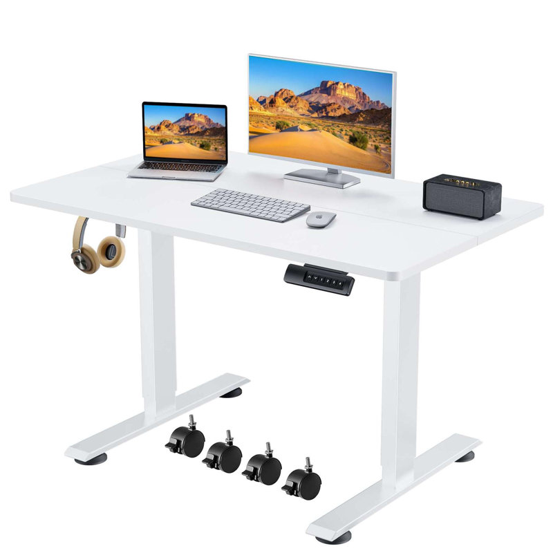 Electric Height Adjustable Standing Desk With 2 Hooks, 4 Lockable Casters, 27.5" H x 47.24" W x 23.62" D, White/White