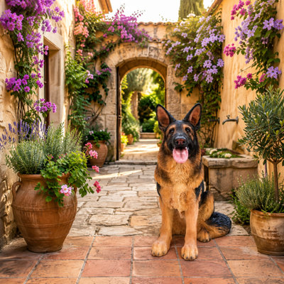 17.7" German Shepherd Resin Garden Statue, Hand-Painted Seated Outdoor Dog Sculpture
