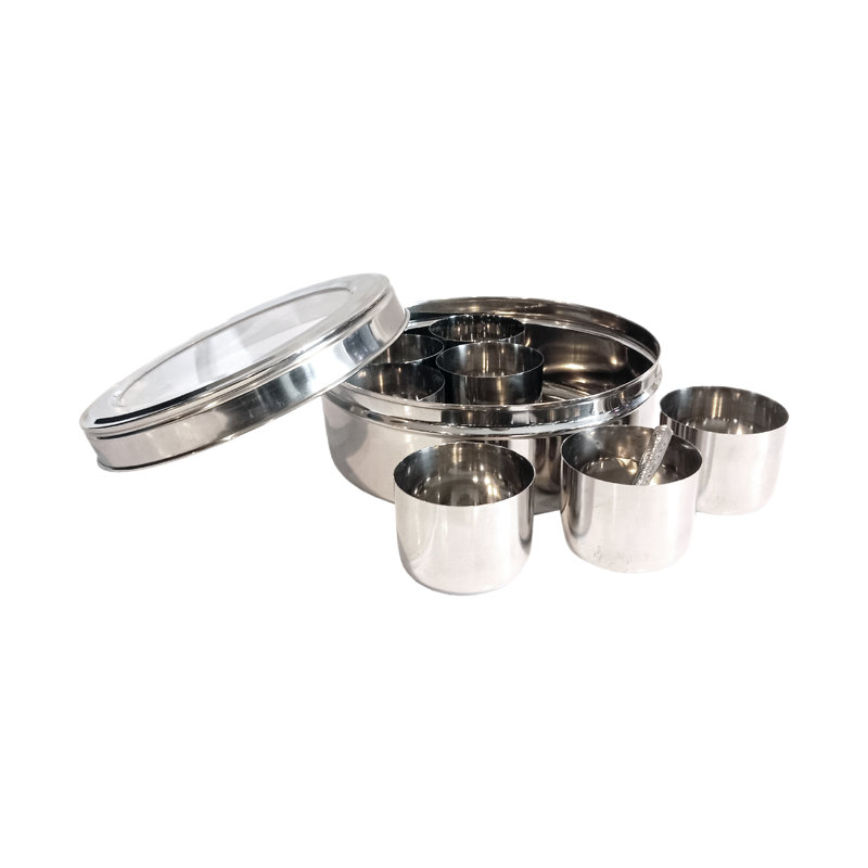 Buckingham Stainless Steel Masala Dabba Indian Spice Box with Airtight Lid , 8.5cm H x 17.5cm W x 17.5cm D
