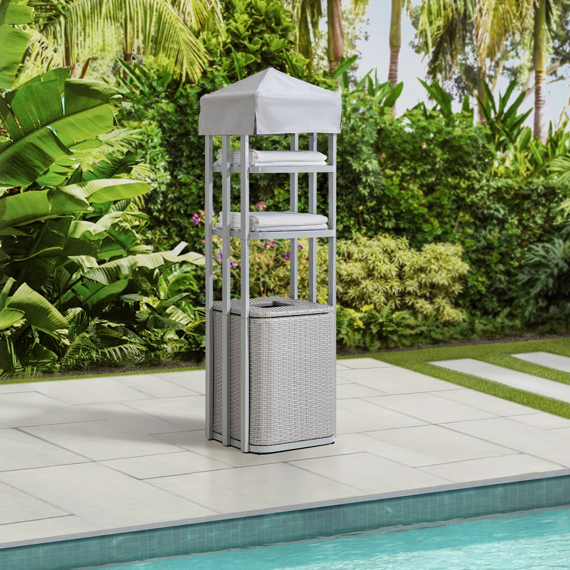 Sunjoy Aluminum Frame Pool Towel Valet Tower with 2Tier Shelves and A