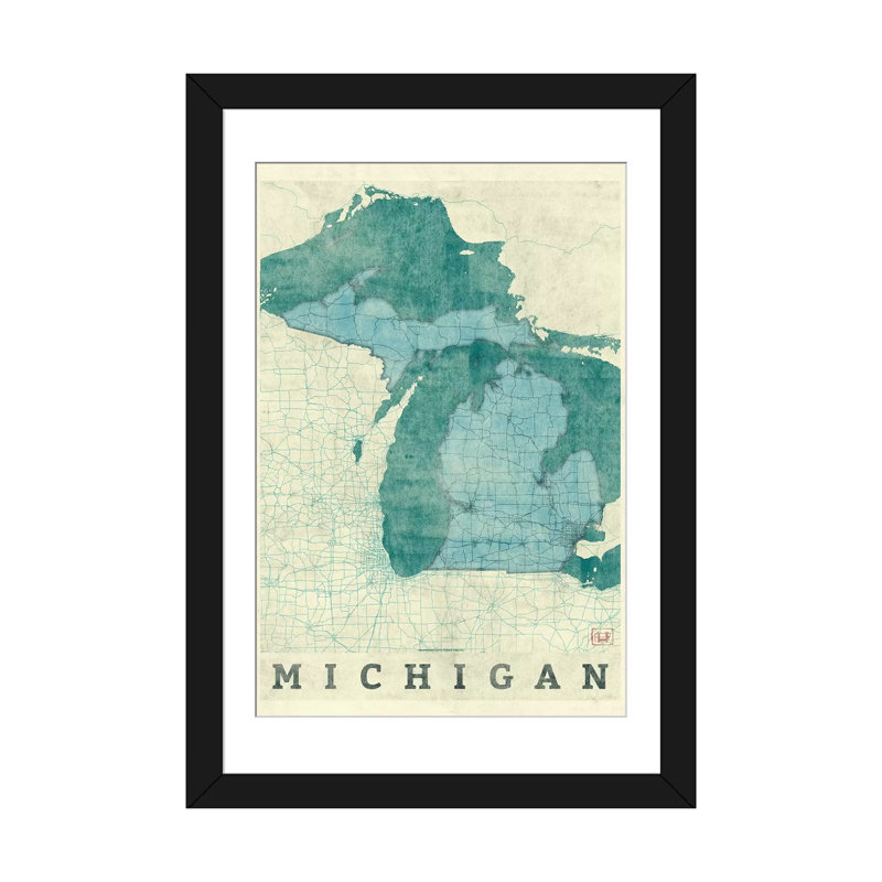 «Michigan Map», impression sur toile, Papier d'art encadré noir, H 24 po x l 16 po x P 1 po, Blanc