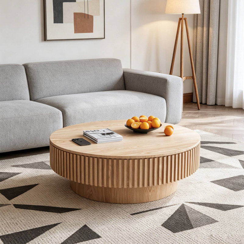 Table basse ronde en MDF avec rangement, Chêne, H 13,78 po x L 39,37 po x l 39,37 po