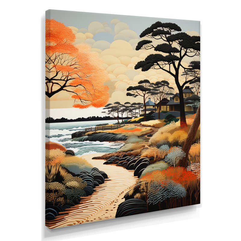 Autumn Beach Path Mansion By Ocean - Art mural plage, H 44 po x l 34 po, Toile tendue