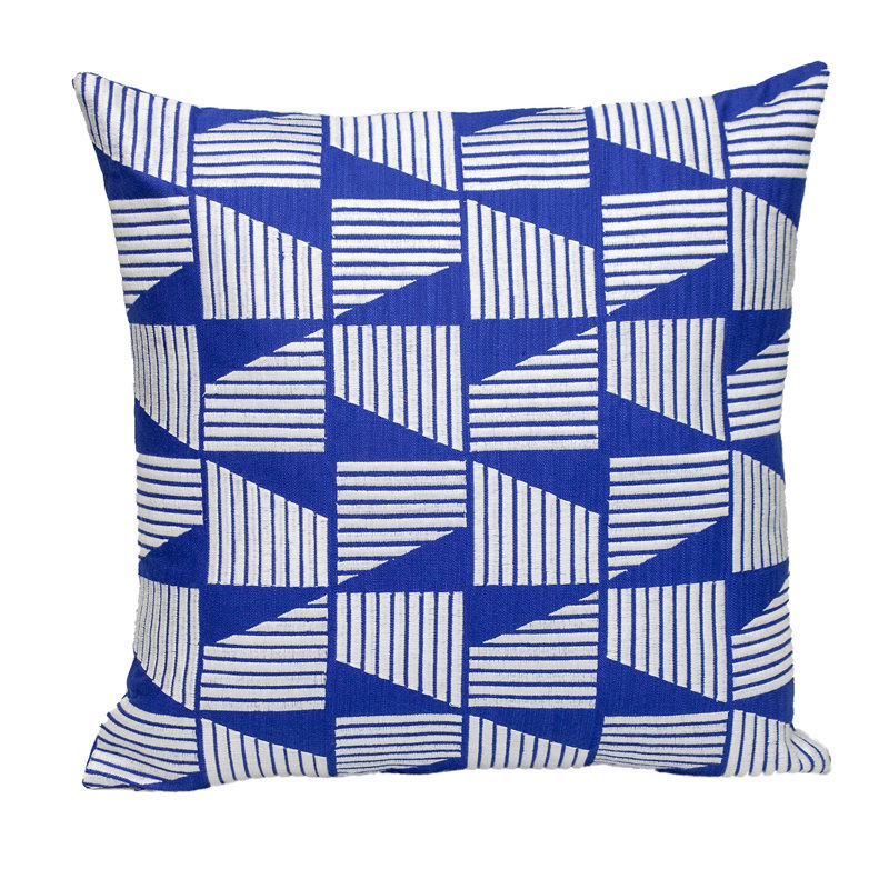 Coussin 18 "en coton géométrique bleu et blanc avec broderie