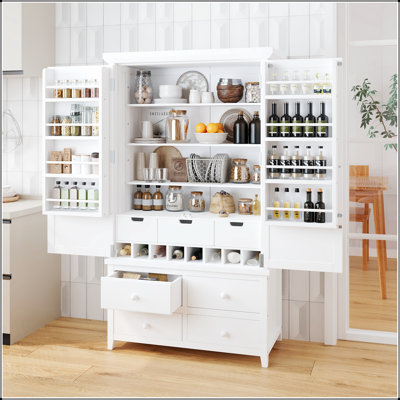 Freestanding Large Kitchen Pantry with 8 Door Shelves, 3 Adjustable Shelves, 7 Drawers, and 8 Wine Racks for Efficient Storage
