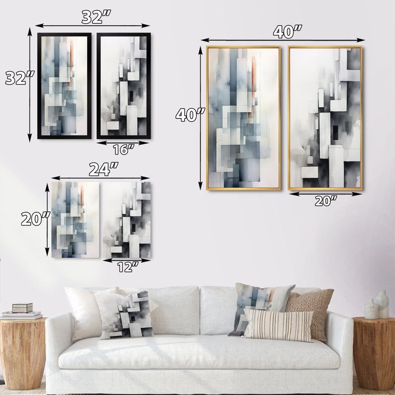 «Zen abstrait gris», 2 pièces sur toile, H 32 po x l 32 po, Encadrement doré