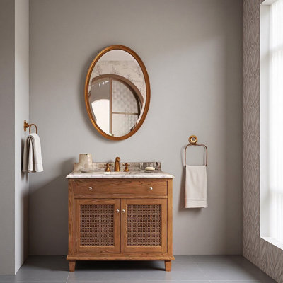 Meuble-lavabo en bois d'hévéa de style japonais avec plateau en pierre frittée