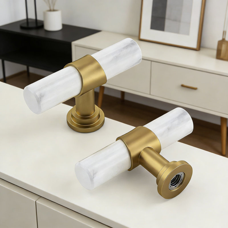 Ensemble de 10 poignées en T en métal massif avec finition grain de marbre blanc et accents dorés mat, poignées de tiroir universelles pour la cuisine, la commode et la quincaillerie de salle de bain