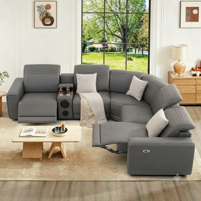 214" 6-Pieces Top Breathable Leather Power Reclining Sectional With Power Headrests, Storage Console & Bluetooth Speakers