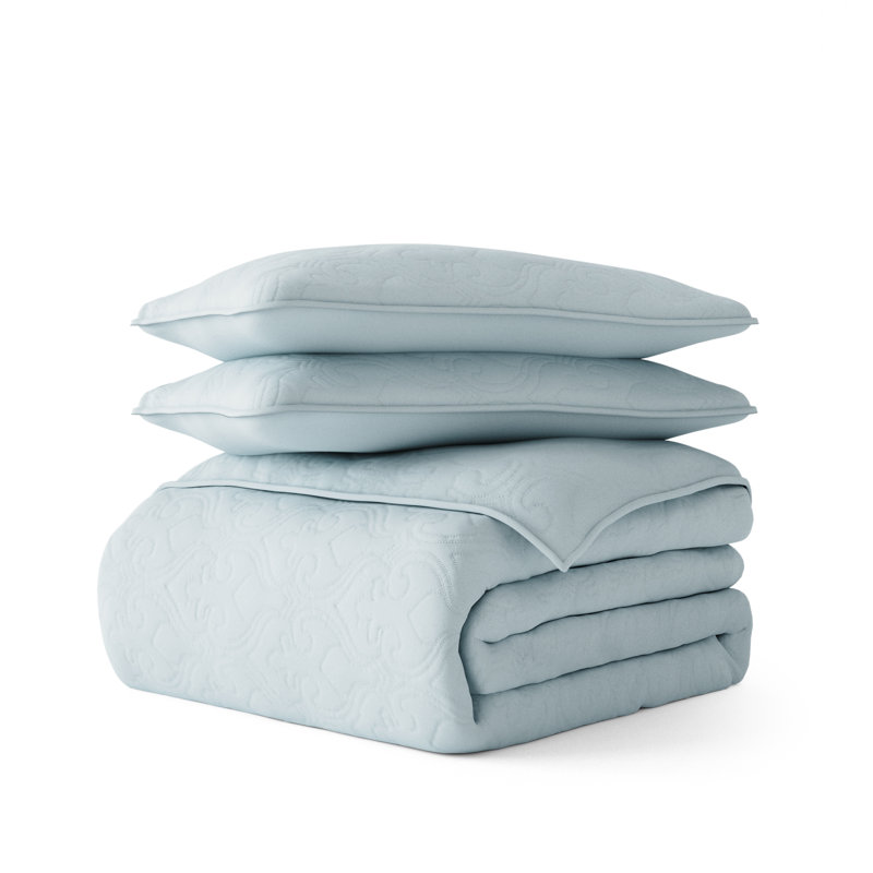 All Season Lightweight Soft Damask Quilt Set by Simply Soft, Pale Blue, King/Cal. King Coverlet + 2 King/Cal. King Shams