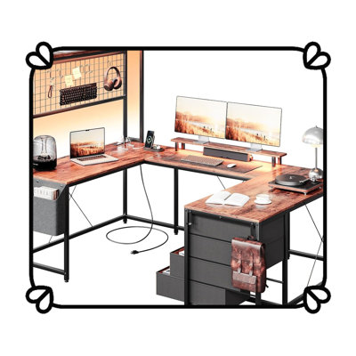 Bureau de jeu en U, bureau d'ordinateur réversible de 78,7 po avec tablettes de rangement et support pour écran, table de jeu à 4 tiroirs