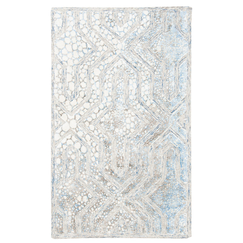 Tapis bleu / blanc en laine / viscose touffeté à la main Restoration, Rectangle 3 pi x 5 pi