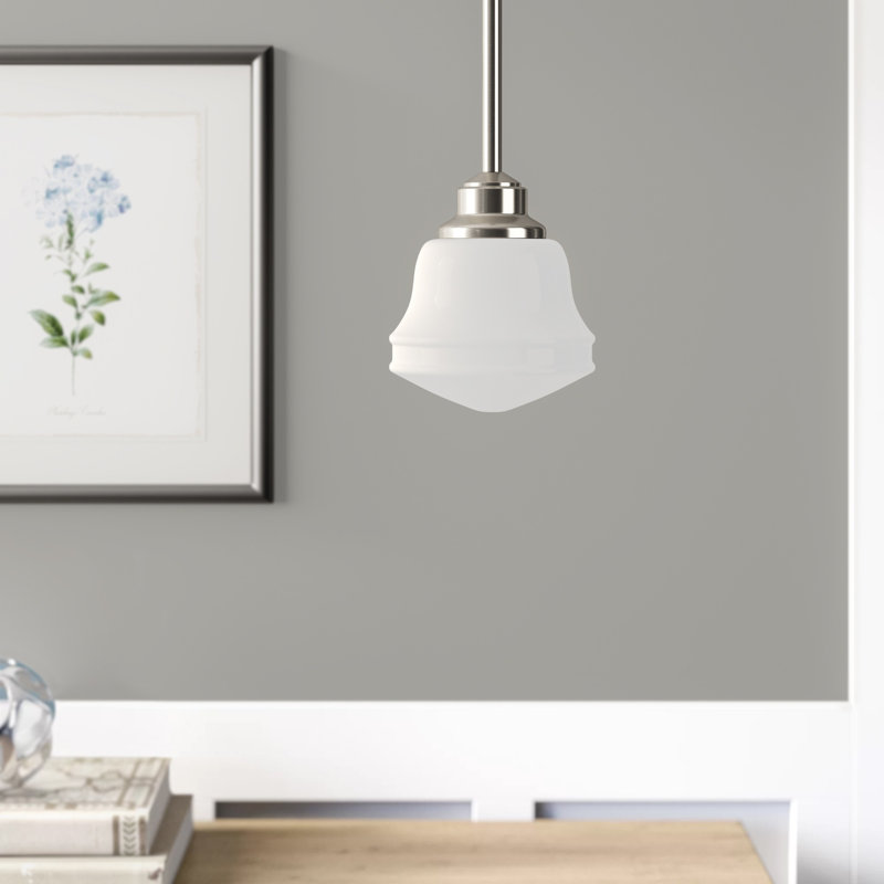 Luminaire suspendu style école 1 lumière Margaree, Nickel satiné, Verre laiteux blanc