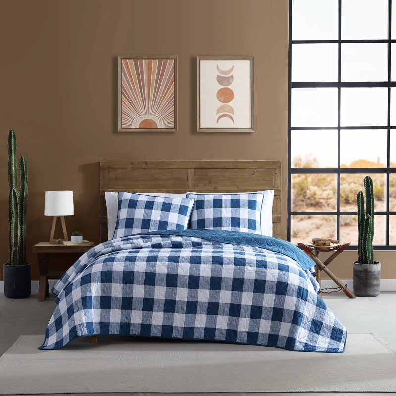 Annie Wrangler Flagstaff Check Cotton Blue Quilt Set, Queen, King Quilt + 2 King Pillow Shams