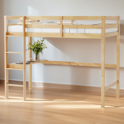 Twin High Loft Bed, Rubber Wood Loft Bed With Safety Guardrail, Built-In Desk, Ladder