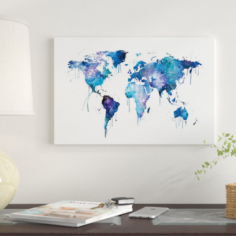 « aquarelle map of the world map, blues & mauves » par michael tompsett, impression sur toile, H 18 po x l 26 po x P 1,5 po