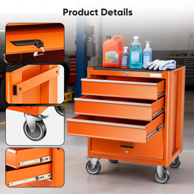 Coffre à outils à 3 tiroirs à roulettes d'une capacité de 660 lb, armoire verrouillable en acier de 55 lb et 4 roulettes