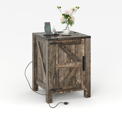 Farmhouse Nightstand with USB Charging Station, Rustic Bedside Table with Sliding Barn Door & Adjustable Shelf, 18 Inch Two-Tier End Table for Bedroom Living Room