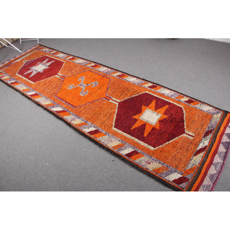 Tapis turc antique en laine avec pampilles de couleur orange vif Herki