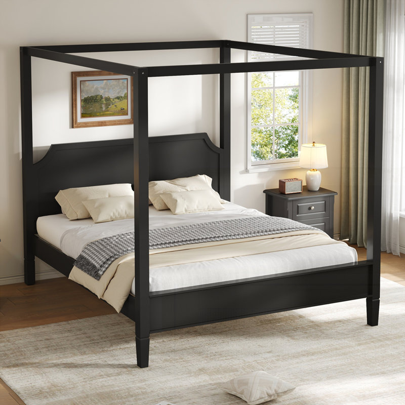 Lit plateforme à baldaquin en bois avec tête de lit et pieds de support