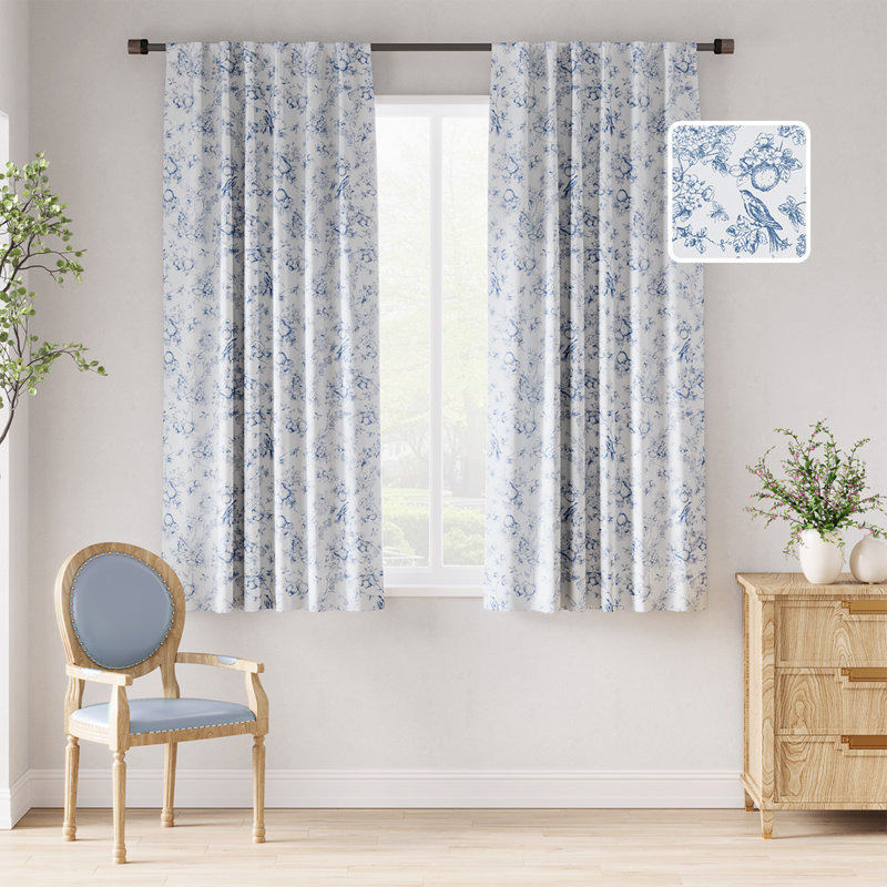 Blackout Floral Rod Pocket Curtains, Floral Blue, 50" W x 63" L