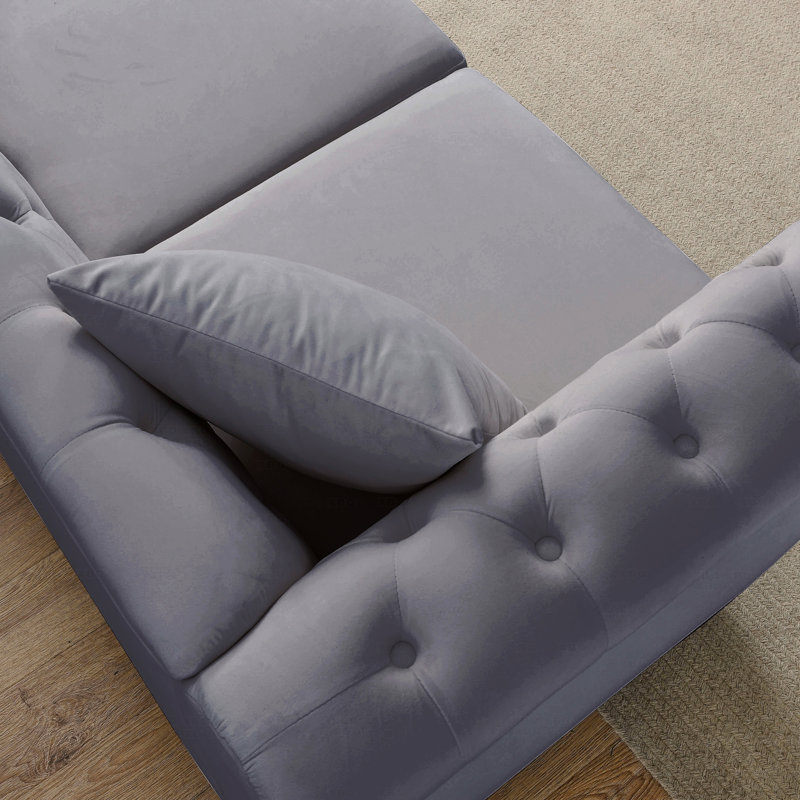 Canapé Chesterfield 80 po en velours gris pour salon, canapé 3 places capitonné avec accoudoirs roulés et tête de clou