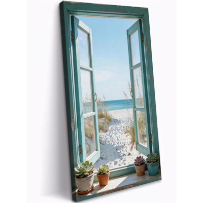 Art vertical vertical sur toile bord de mer, peinture de fenêtre de plage pour le salon, œuvre côtière avec mouettes et vue sur l'océan pour la chambre à coucher, salle de bain, bureau, décoration prête à être suspendue, 28 po x 58 po