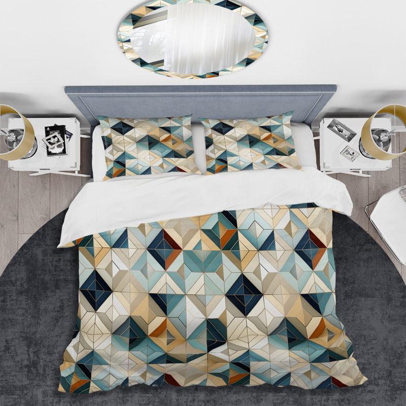 Natural Tones Grey And Beige Mosaic Geometric Shapes Duvet Cover, Twin Duvet Cover + 1 Standard Sham, Geometric Shapes 19