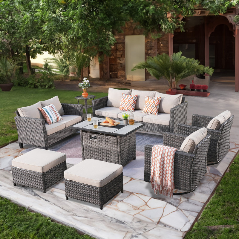 Chinotto Premium All-Weather Wicker 7 - Person Patio Conversation Set with Cushions, Beige