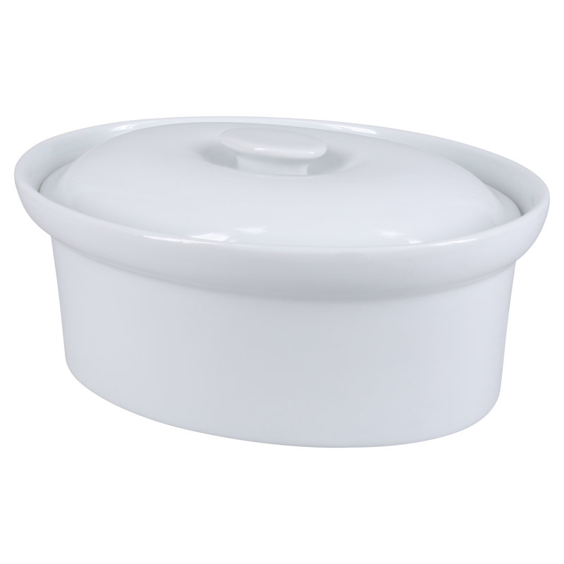 White Glazed Porcelain Oval Casserole Dish with Lid, 1.5 Quarts