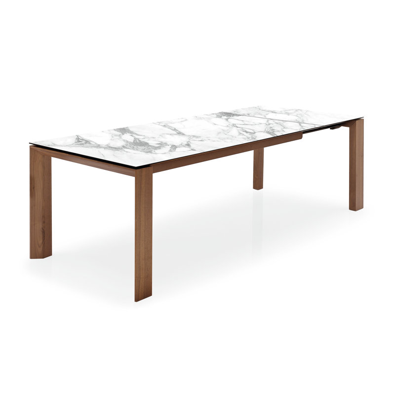 Omnia Extendable Table with Rectangular Top and Wooden Legs, White Marble Ceramic, Smoke Veneer