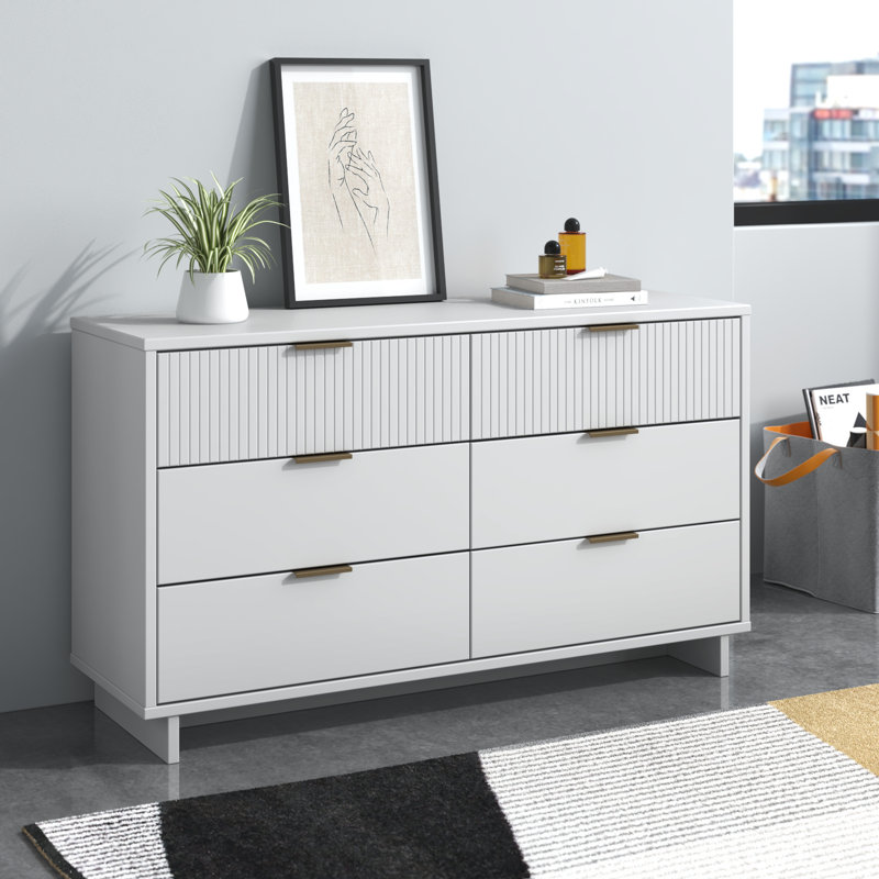 Commode double moderne en bois massif 55 po avec 6 tiroirs Granville, Blanc