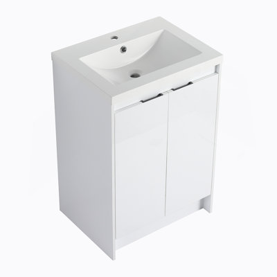 Meuble-lavabo autoportant 72 po avec lavabo en résine et armoire à 1 côté, portes et tiroir à fermeture douce, blanc brillant, contreplaqué (KD-Packing)