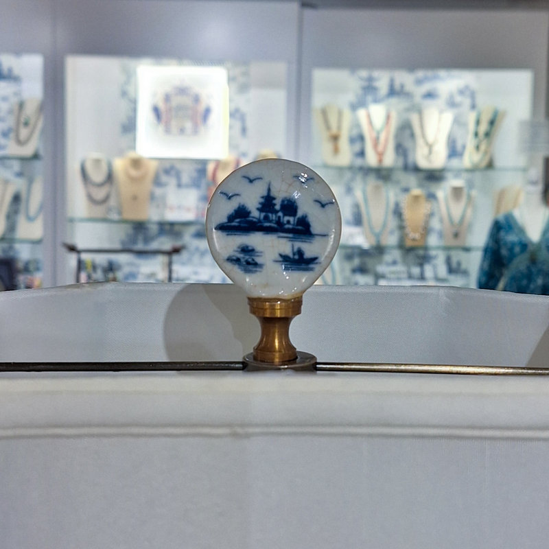 Blue Willow Hand Painted Porcelain Table Lamp with Gold Wood Base