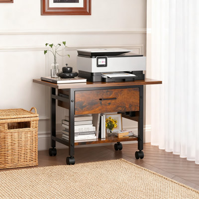 2-Tier Printer Stand With Charging Station & Locking Wheels, Under Desk Rolling Printer Cart With Solid Wood Drawer, Mobile Office Organizer For Home And Small Spaces
