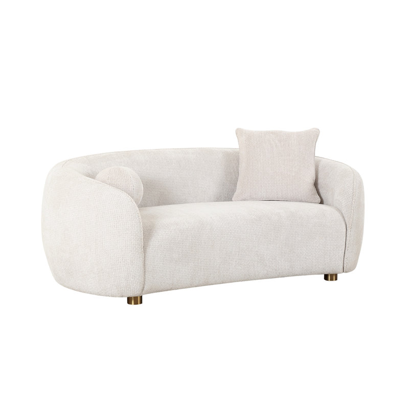 Ivory Fabric Round Arm Modern Loveseat with Wood Legs