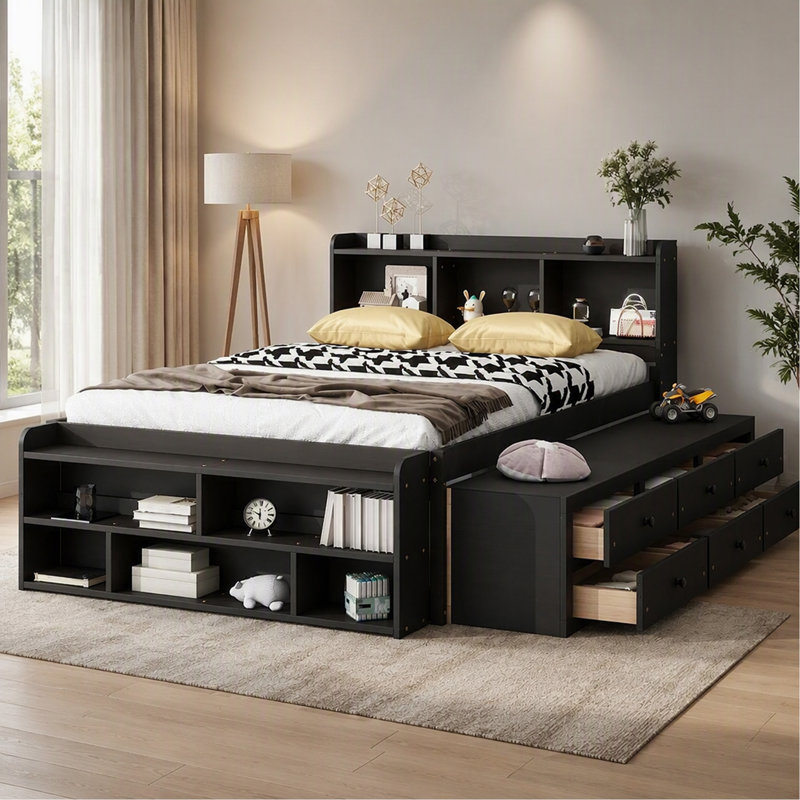 Full Bed with Bookcase Headboard, Under bed Storage Drawers and Bed End Storage Case,Espresso, Espresso
